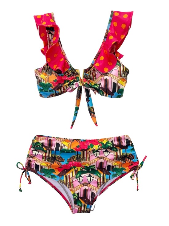 NWT Sporlike Tropical Town Print Bikini Set Ruffle Top High Waist Bottom Small - Picture 2 of 14